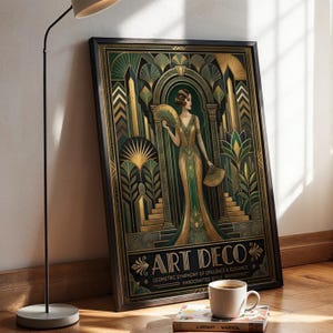 May include: A framed rectangular poster featuring a person in a long green and gold gown holding fans, set against an architectural background with geometric patterns. The text reads ART DECO, GEOMETRIC SYMPHONY OF OPULENCE & ELEGANCE, HANDCRAFTED STYLE.