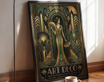 Póster Art Déco vintage de una dama, arte de pared en verde esmeralda y dorado, lámina de arte de estilo flapper de los años 20.