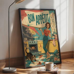 Bon Appetit Retro Kitchen Poster, Funny 1950s Housewife Wall Art, Vintage Cook Print