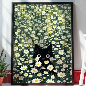 Lámina de gato negro en un campo de margaritas, arte mural botánico de gato del vacío, póster floral de gato negro, decoración felina de jardín caprichosa, arte infantil de pradera adorable