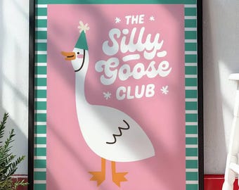 Lámina del Club del Ganso Tonto, Arte de pared retro para habitación infantil, Decoración rosa y turquesa para habitación de niños, Estampado de animales divertido, Lindo regalo para baby shower, Póster divertido