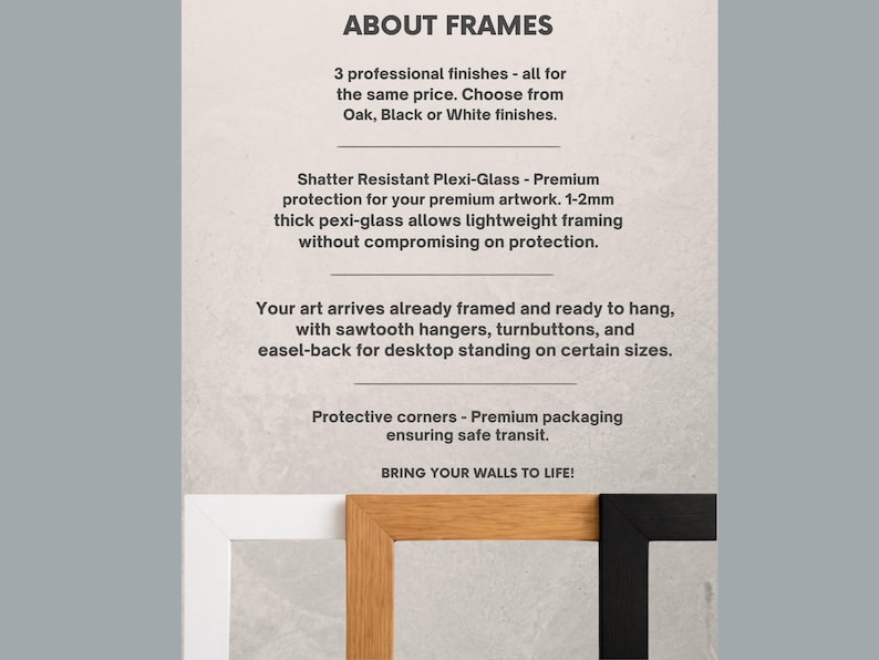 The image is a poster with information about frames, including details about the frames' finishes and their features.
