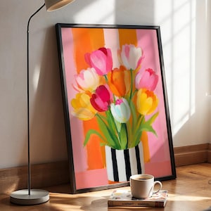 Kolorowy plakat z bukietem tulipanów, dekoracja ścienna z dopaminą, jasny kwiatowy nadruk