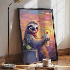Charmig väggkonst med sengångare, solnedgångsdryckposter, tropisk sengångardekor, djurkonst för hemmet