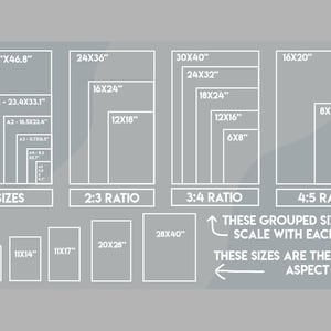 May include: A grey informational chart displaying various print size options categorised by aspect ratios. It lists A-sizes from A0 to A5, 2:3 ratio sizes from 12x18 to 24x36 inches, 3:4 ratio sizes from 6x8 to 30x40 inches, and 4:5 ratio sizes from 8x10 to 16x20 inches.