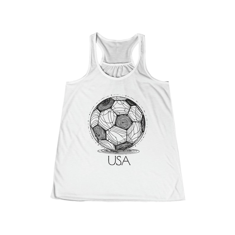 May include: White tank top with a black and white illustration of a soccer ball with the word "USA" underneath.
