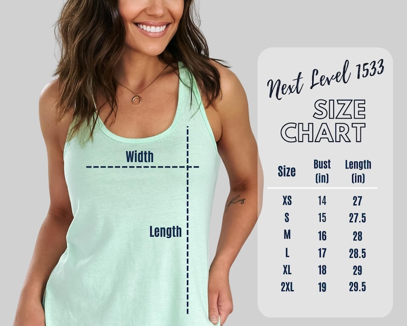 May include: Size chart for a tank top with measurements in inches. The chart shows bust and length measurements for sizes XS, S, M, L, XL, and 2XL.