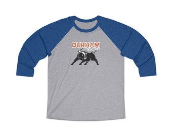 Durham Bull City honkbalshirt uniseks tri-blend raglanshirt met 3/4 mouw Durham NC honkbalshirt Bull Durham cadeau voor honkballiefhebber
