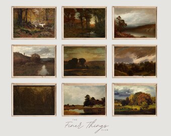May include: A set of nine framed landscape paintings with various scenes of nature, including forests, rivers, and fields. The paintings are all in a similar style, with a muted color palette and a focus on detail.