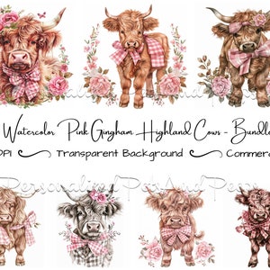 Aquarel schattige baby meisje Highland Cow clip art set van 18, roze pastel patroon, transparante achtergrond, digitale download, commercieel gebruik