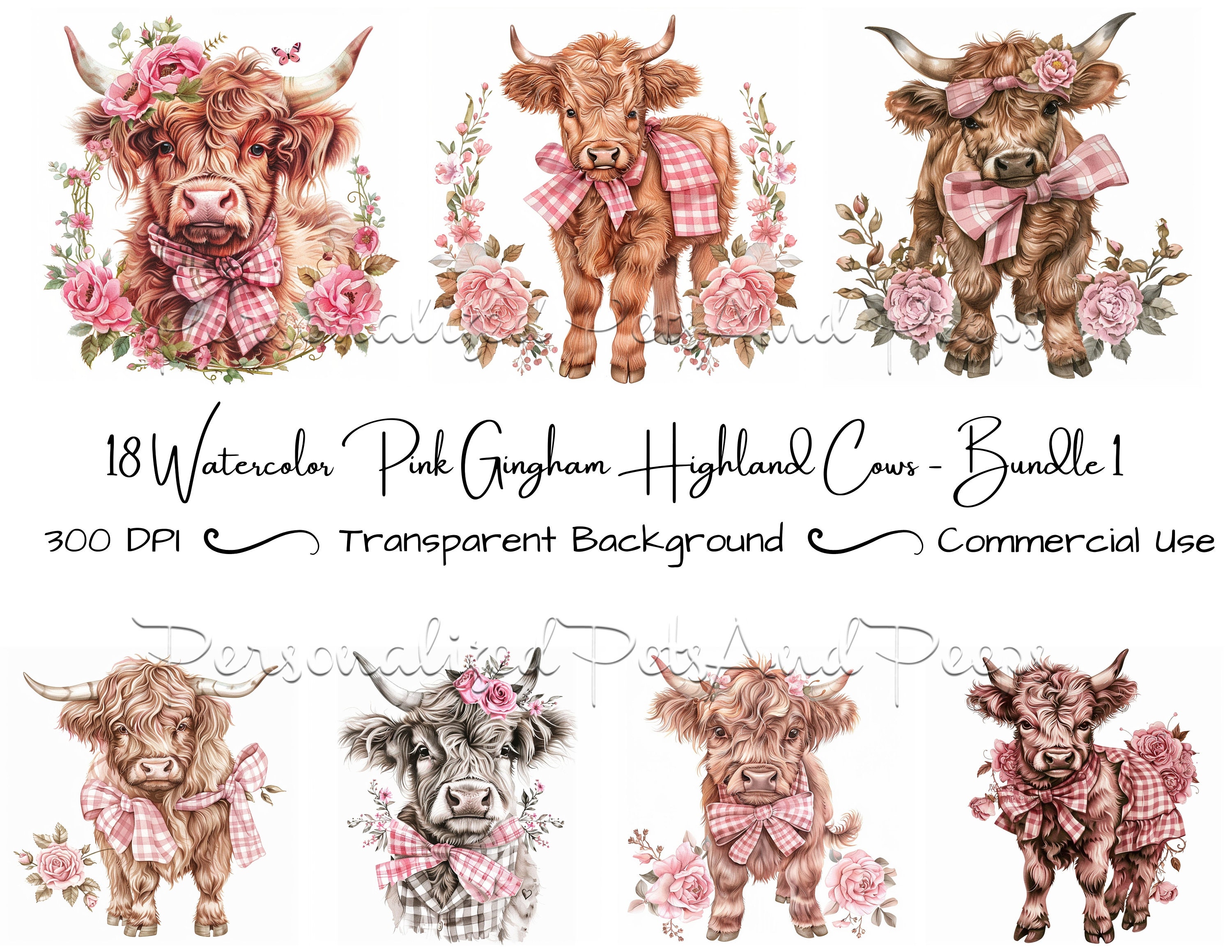 Watercolor Cute Baby Girl Highland Cow Clip Art Set Of 18 Pink Gingham watercolor-cute-baby-girl-highland-cow-clip-art-set-of-18-pink-gingham