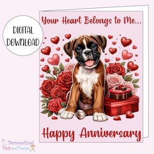 Happy Anniversary Card, Boxer Hond met Harten, Digitale Instant Download, Cadeau voor man, Leuke kaart voor haar, Hond met Rozen, Je hoort bij mij