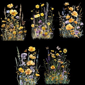 May include: A digital illustration of four arrangements of yellow, purple, and blue wildflowers with butterflies. The flowers are arranged in a vertical format.