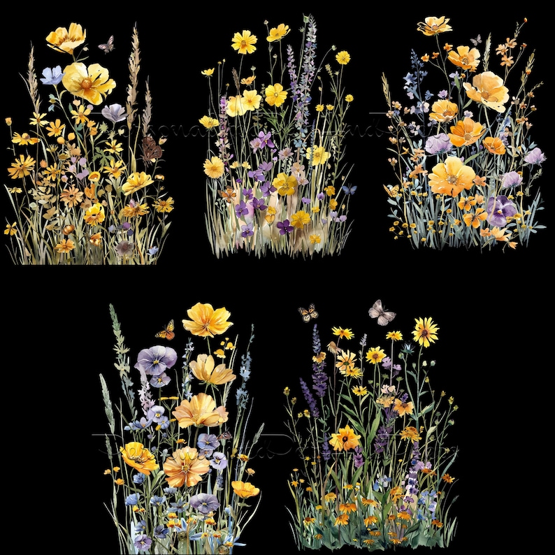 May include: A digital illustration of four arrangements of yellow, purple, and blue wildflowers with butterflies. The flowers are arranged in a vertical format.