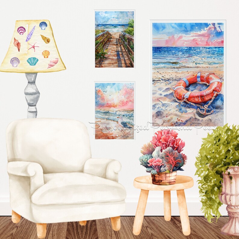 42 Beach Scenic Watercolor Printable Wall Art BUNDLE, Ocean Painting ...