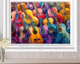 Kolorowe wydruki artystyczne gitar, kolorowa sztuka muzyczna, dekoracja ścienna z muzyką, nowoczesny wydruk artystyczny, prezent dla miłośnika gitary, abstrakcyjna sztuka ścienna, natychmiastowe pobranie