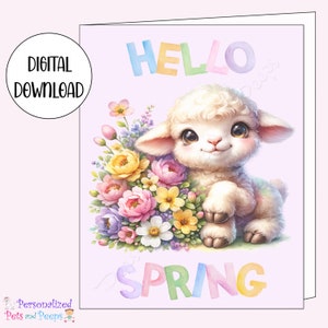 Lindo animal corderito Hola primavera tarjeta de felicitación imprimible, descarga digital instantánea, papelería divertida para imprimir en casa para amantes de las mascotas, 5x7"
