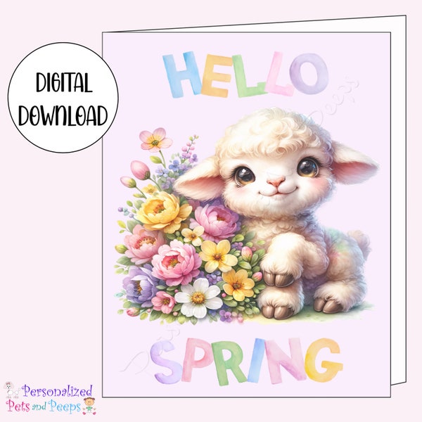 Cute Animal Little Lamb Hello Spring Printable Greeting Card, Instant Digital Download, Fun DIY Print-at-Home Stationery for Pet Lover, 5x7"