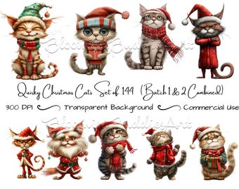 May include: Set of 144 digital illustrations of quirky Christmas cats in various poses wearing Santa hats, scarves, and other festive attire. The cats are depicted against a transparent background.  Quisky Christmas Cats Set of 144 (Batch 1 & 2 Combined) 300 DPI Transparent Background Commercial Use