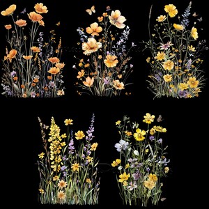 May include: A digital illustration of six bouquets of yellow, orange, and purple wildflowers with green stems and leaves on a black background.
