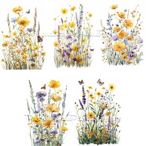 May include: A watercolor painting of six different arrangements of yellow and purple wildflowers with butterflies. The flowers are arranged in a vertical format and are set against a white background.