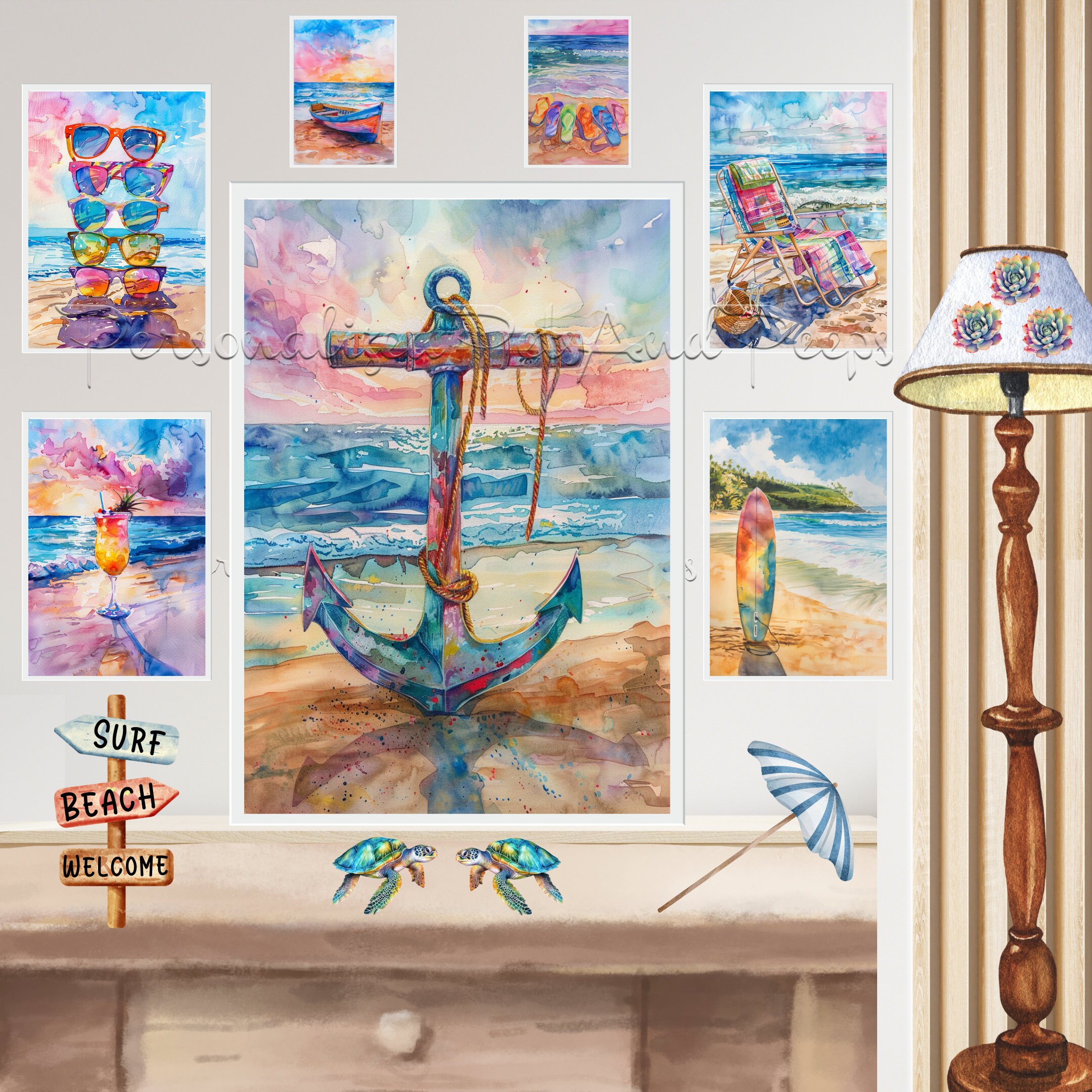 61 Beach Scenic Watercolor Printable Wall Art, Maximalist Art Decor ...