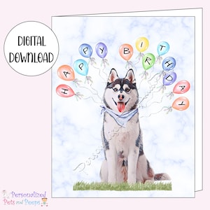 Mignonne carte de voeux imprimable Husky sibérien joyeux anniversaire, téléchargement numérique instantané, papeterie amusante à faire soi-même pour chien maman et papa chat, 5 x 7 pouces