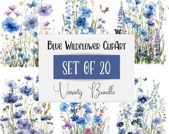 Watercolor Blue Wildflower Clipart Bundle of 20, Instant Download, Digital Crafting, Summer Clipart, Meadow Flowers PNG, Free Commercial Use