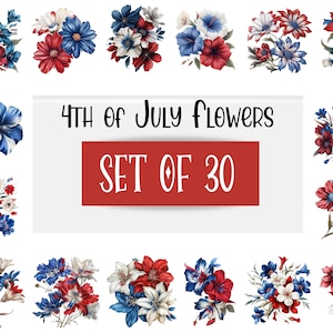 30 Pacote de clipart floral em aquarela de 4 de julho, buquê de flores do Dia da Independência, floral vermelho, branco e azul, impressões digitais, uso comercial