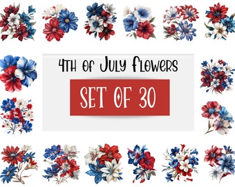 May include: A set of 30 digital illustrations of red, white, and blue flowers. The flowers are arranged in bouquets and are perfect for 4th of July crafts and projects.  4th of July Flowers Set of 30