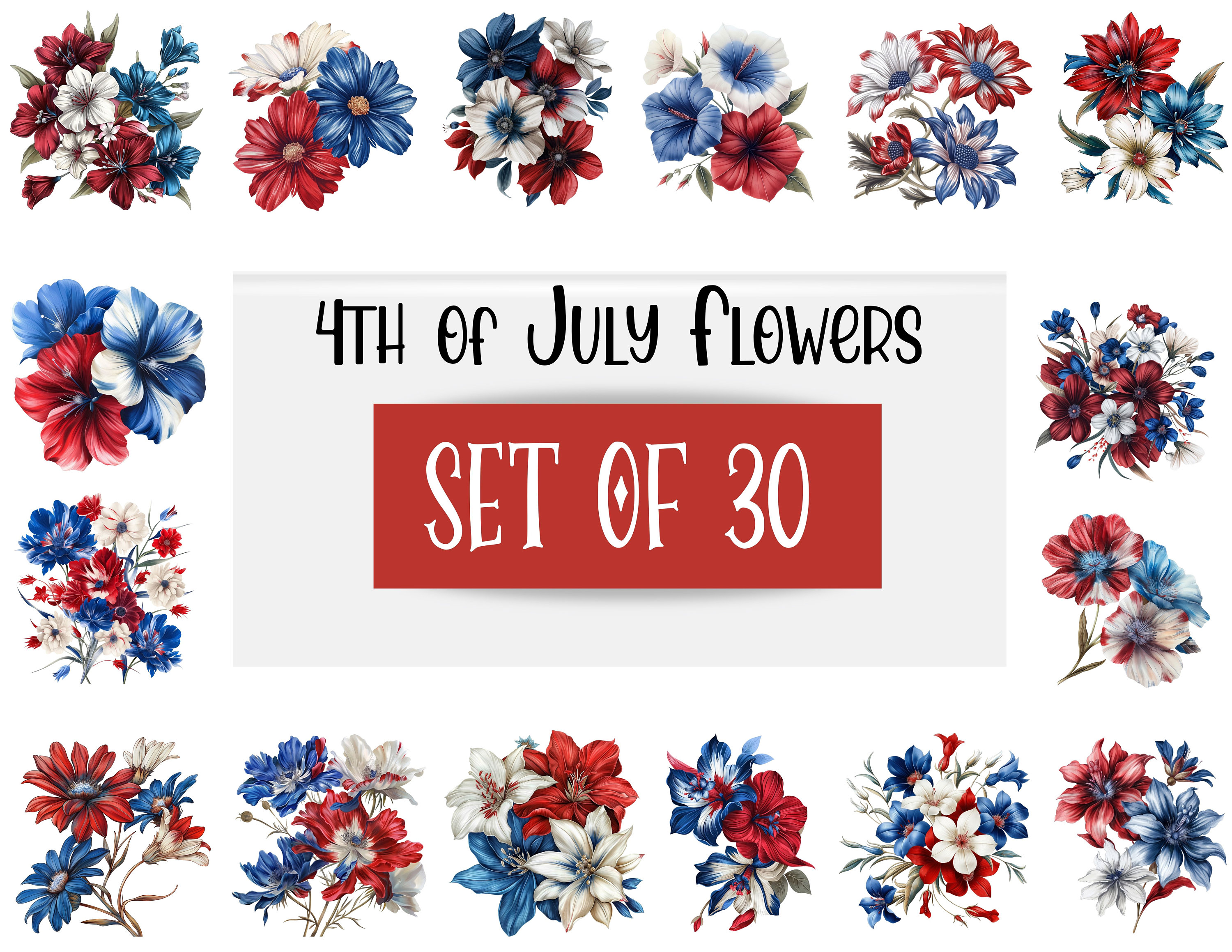 30 Watercolor 4th of July Floral Clipart Bundle, Independence Day ...