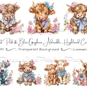 Könnte beinhalten: Digitaler Clipart-Satz mit 22 niedlichen Highland-Kühen, die rosa und blaue Gingham-Schleifen und Blumengirlanden tragen. Die Kühe sind im Aquarellstil mit transparentem Hintergrund illustriert. 300 DPI. Kommerzielle Nutzung.