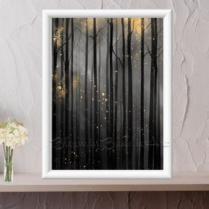 May include: A digital painting of a dark forest with tall, thin trees. The trees are silhouetted against a foggy background, and there are small, golden dots scattered throughout the image.