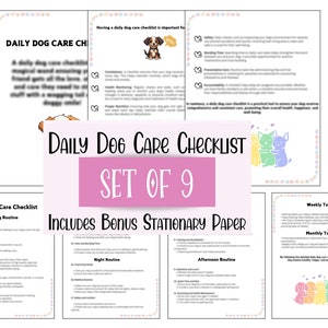 May include: A set of nine printable daily dog care checklists, featuring a pink and white color scheme with illustrations of dogs. The checklists include a morning, afternoon, and night routine, as well as weekly and monthly tasks. The text "Daily Dog Care Checklist Set of 9" is displayed in a pink box.