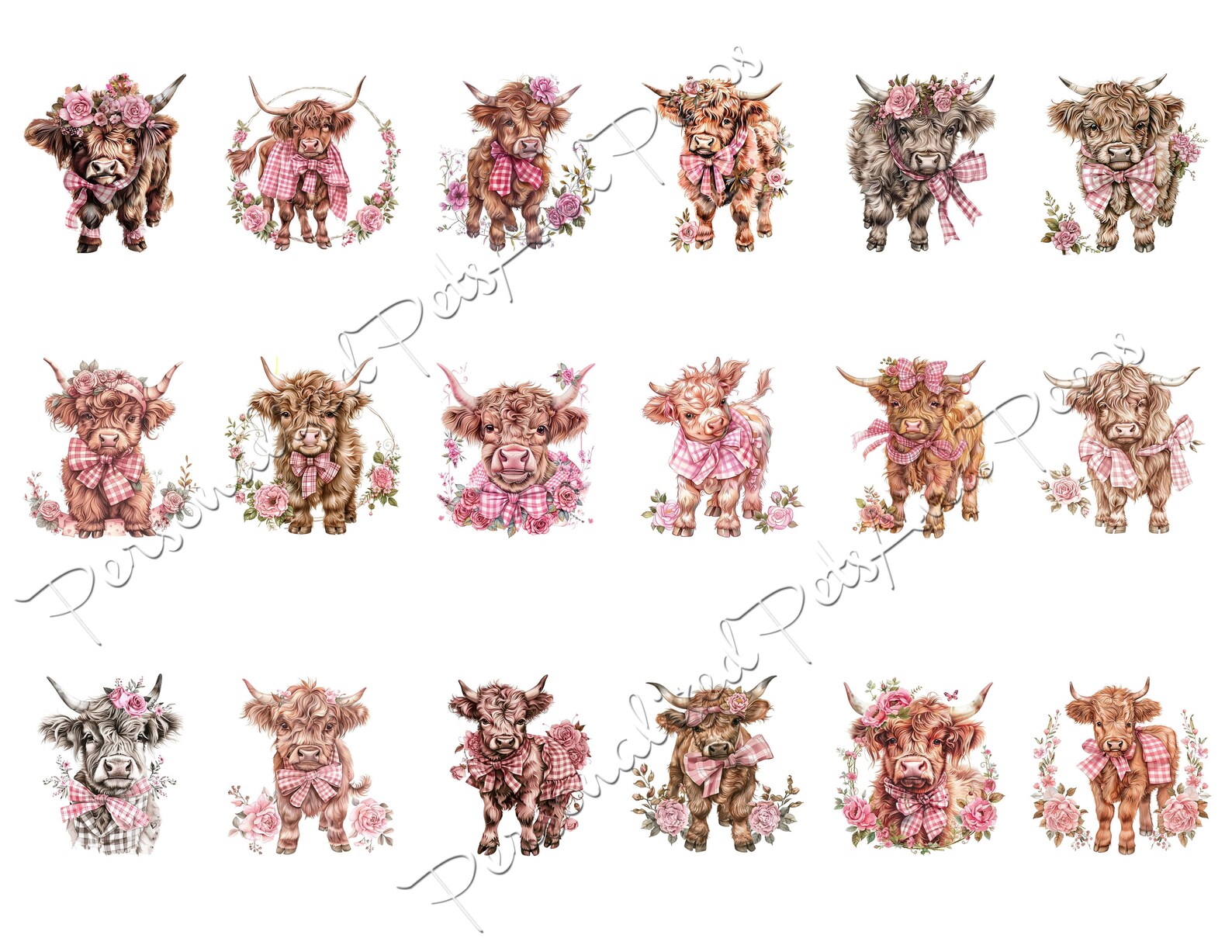 Watercolor Cute Baby Girl Highland Cow Clip Art Set Of 18 Pink Gingham watercolor-cute-baby-girl-highland-cow-clip-art-set-of-18-pink-gingham