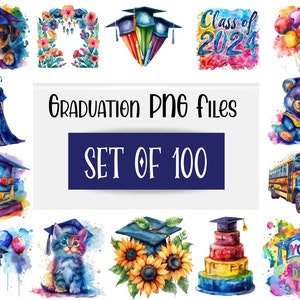 100 Watercolor Graduation Clipart PNG Bundle, Class of 2024, Graduation Cap, Card Making, Junk Journaling, Digital Download, Commercial Use