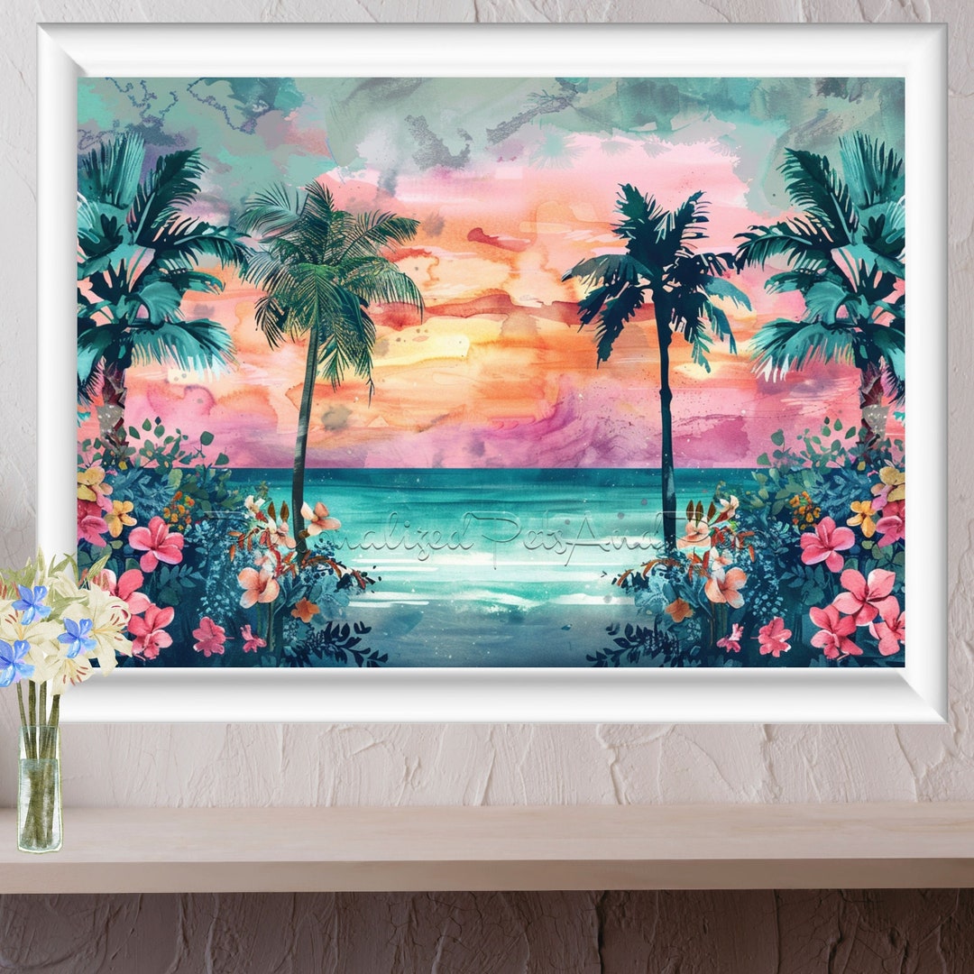 Tropical Wall Art, Watercolor Beach Landscape Painting, Sea Scenery Art ...