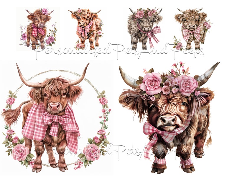 Watercolor Cute Baby Girl Highland Cow Clip Art Set Of 18 Pink Gingham watercolor-cute-baby-girl-highland-cow-clip-art-set-of-18-pink-gingham
