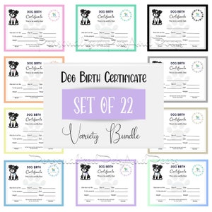 Set van 22 hond geboorteakte PDF-BUNDEL, verscheidenheid aan kleuren afdrukbare PDF, puppycertificaat, Instant Download geschenken voor hondenliefhebbers