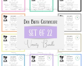 Set di 22 certificati di nascita del cane PDF BUNDLE, varietà di colori PDF stampabile, certificato di cucciolo, regali di download istantaneo per gli amanti dei cani