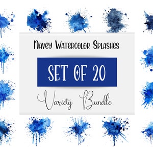 20 Navy Blue Watercolor Splashes, Splatter Clipart BUNDLE, Transparent Background, Digital Download PNG Clipart Graphics, Commercial Use