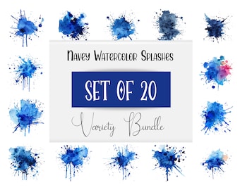 20 Navy Blue Watercolor Splashes, Splatter Clipart BUNDLE, Transparent Background, Digital Download PNG Clipart Graphics, Commercial Use