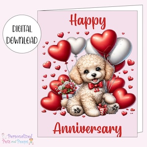Biglietto di buon anniversario, biglietto d'amore barboncino con cuore, regali di zampa di cane per marito e moglie, download digitale stampabile, biglietto d'auguri per animali domestici