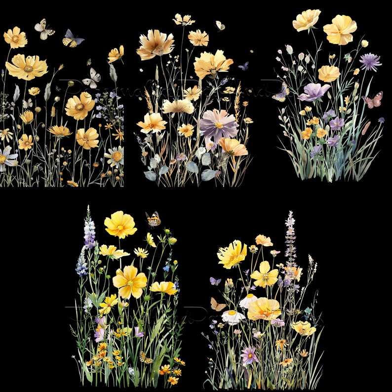 May include: A digital illustration of five bouquets of yellow, orange, and purple wildflowers with butterflies. The flowers are arranged in a vertical format.