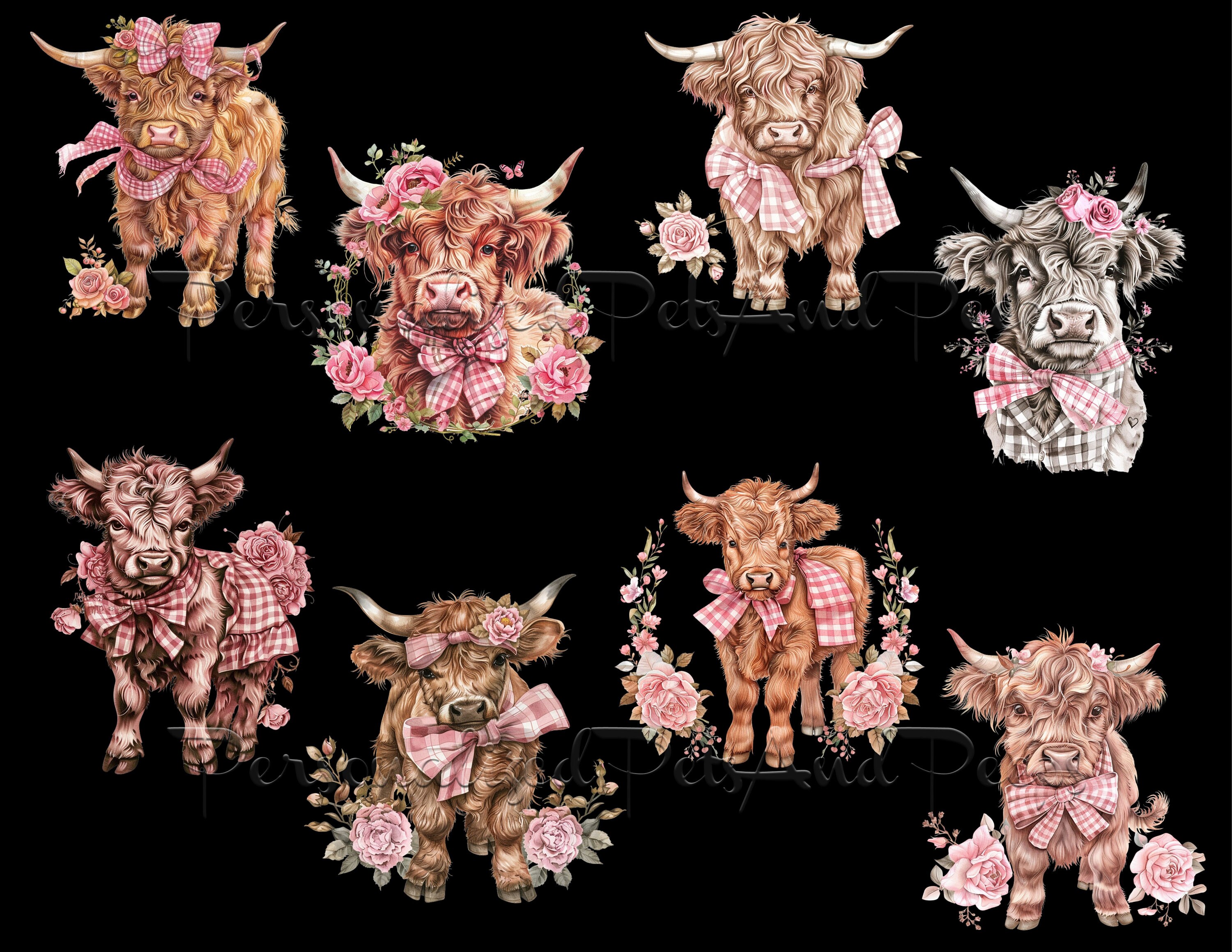 Watercolor Cute Baby Girl Highland Cow Clip Art Set Of 18 Pink Gingham watercolor-cute-baby-girl-highland-cow-clip-art-set-of-18-pink-gingham
