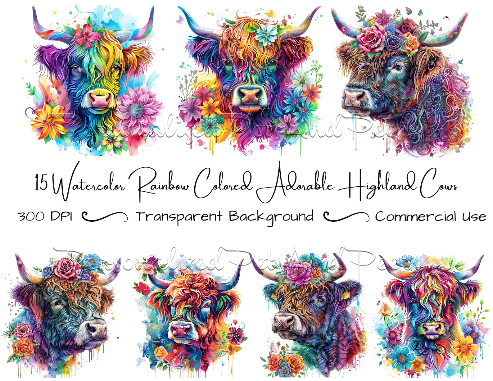 15 Rainbow Watercolor Highland Cow Clipart Bundle, Cute Cow PNG ...
