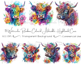 15 Clipart di mucche delle Highlands con acquerello arcobaleno, mucca carina PNG, sfondo trasparente, download digitale, grafica clipart, uso commerciale