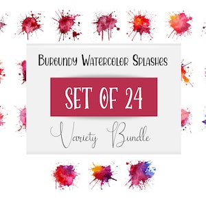 24 Burgundy Watercolor Splashes, Watercolor Splatter Clipart Bundle, Transparent Background, Digital Download PNG Graphics, Commercial Use