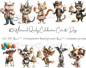 10 Whimsical Quirky Cat & Dog Clipart Bundle, Pets Birthday Celebration, Sublimation Clip Art, Whimsy Graphics Illustrations, Commercial Use