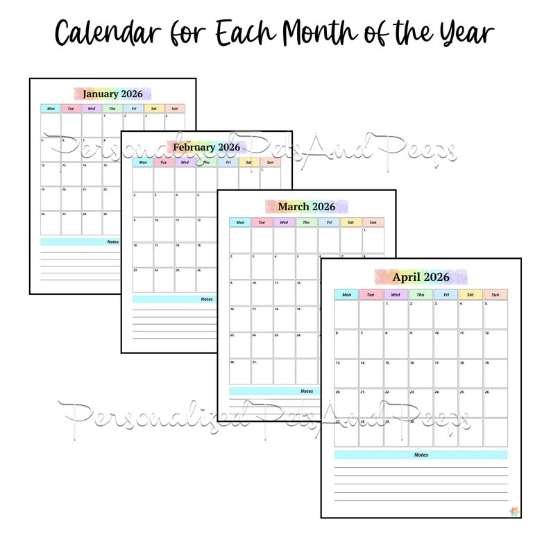 2026 Blank Calendar Printable PDF BUNDLE, Calendar Vertical, Monthly